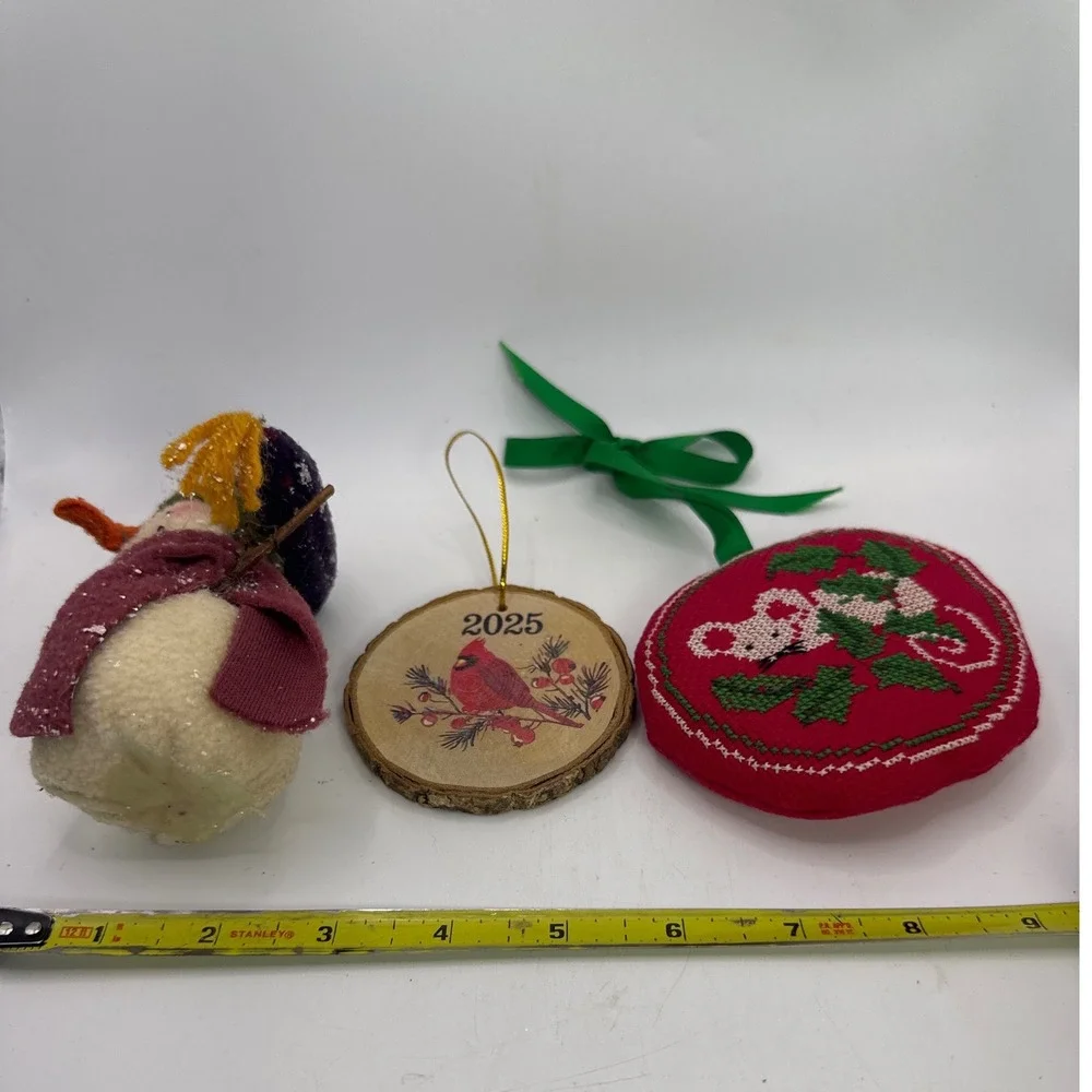 Vintage Christmas Ornament Lot 3pc 1981 Cross Stitch Mouse 2025 Cardinal Snowman